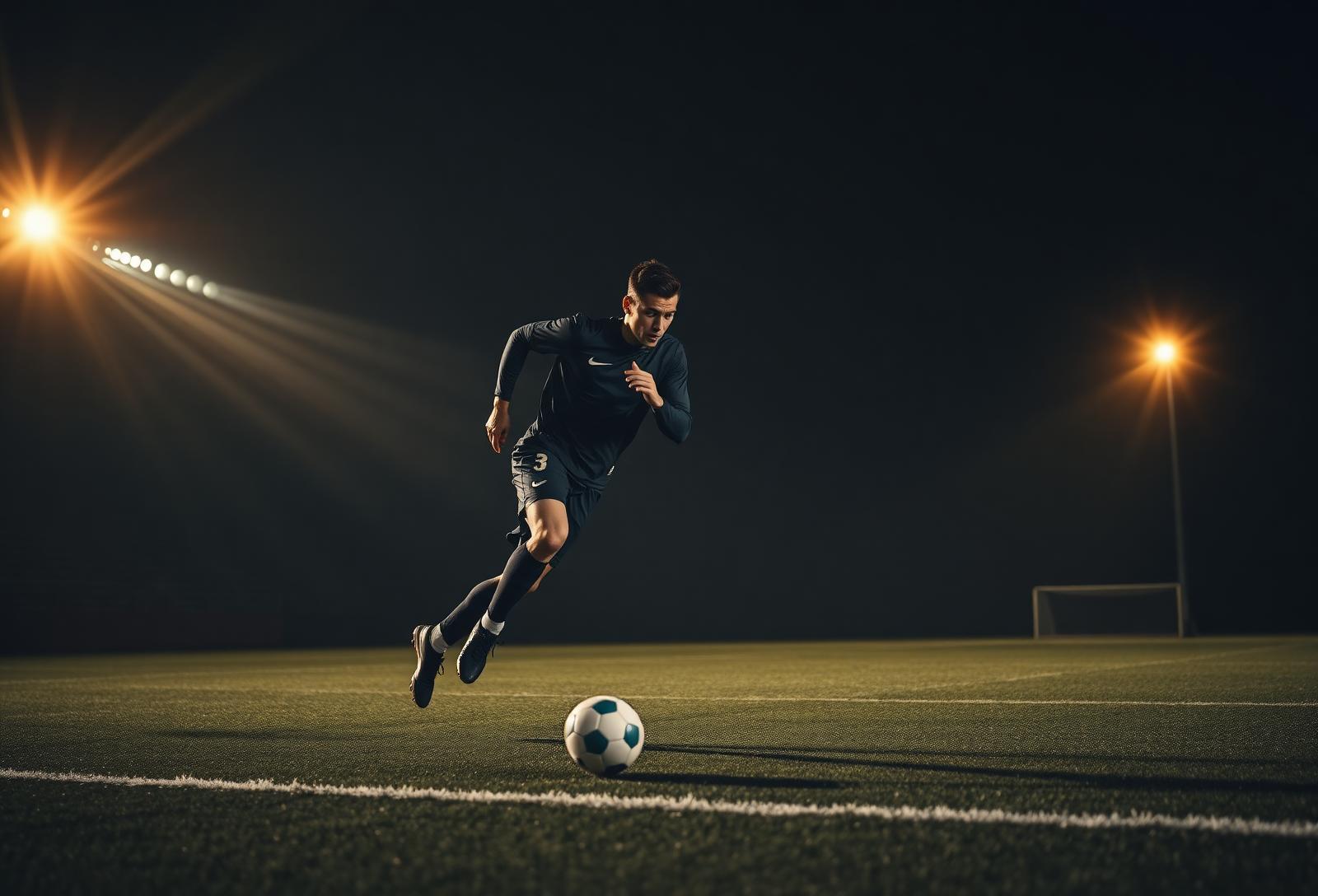 Professional footballer training under floodlights