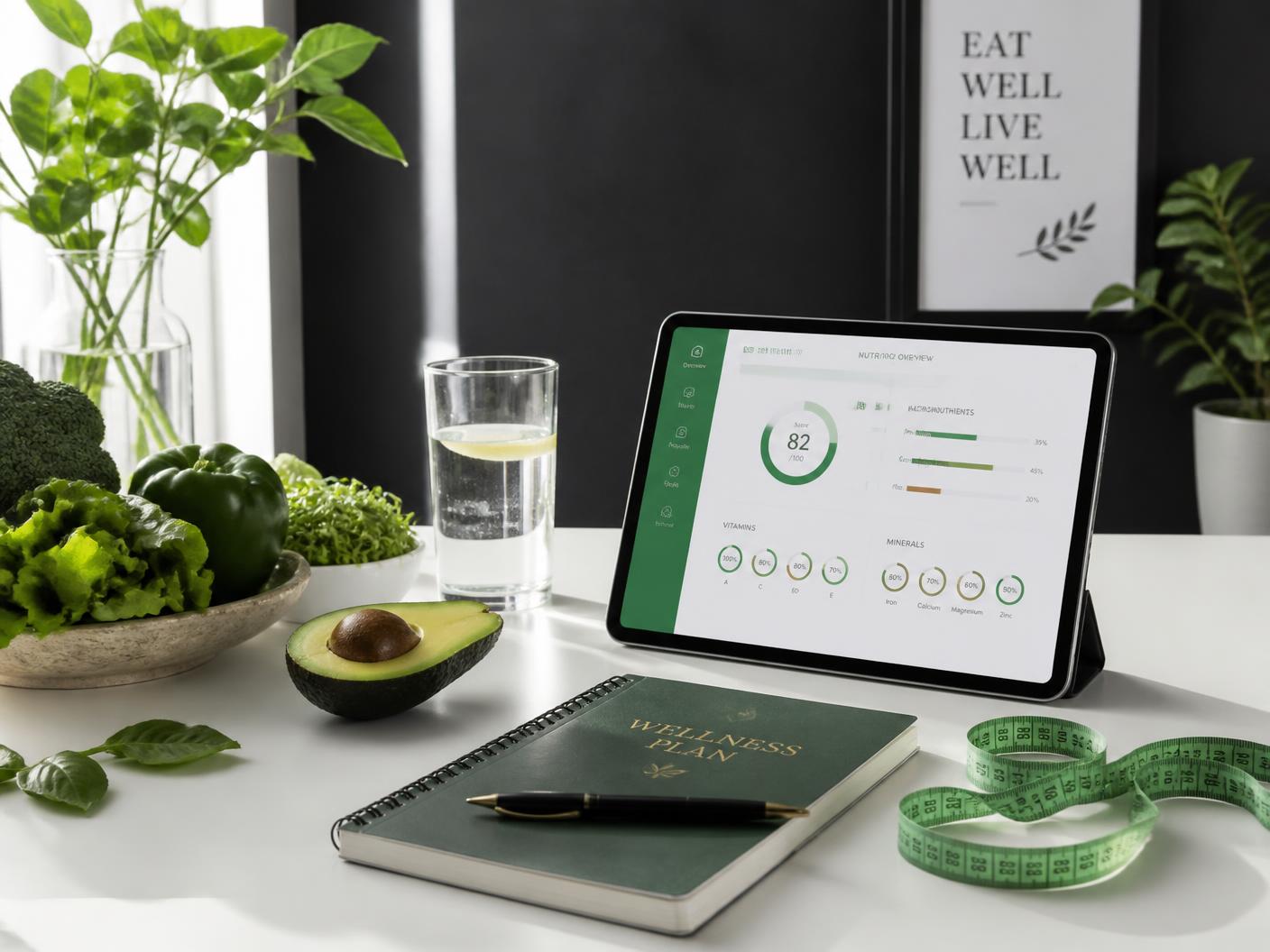 Personalized nutrition plan on a tablet beside fresh produce and a wellness journal