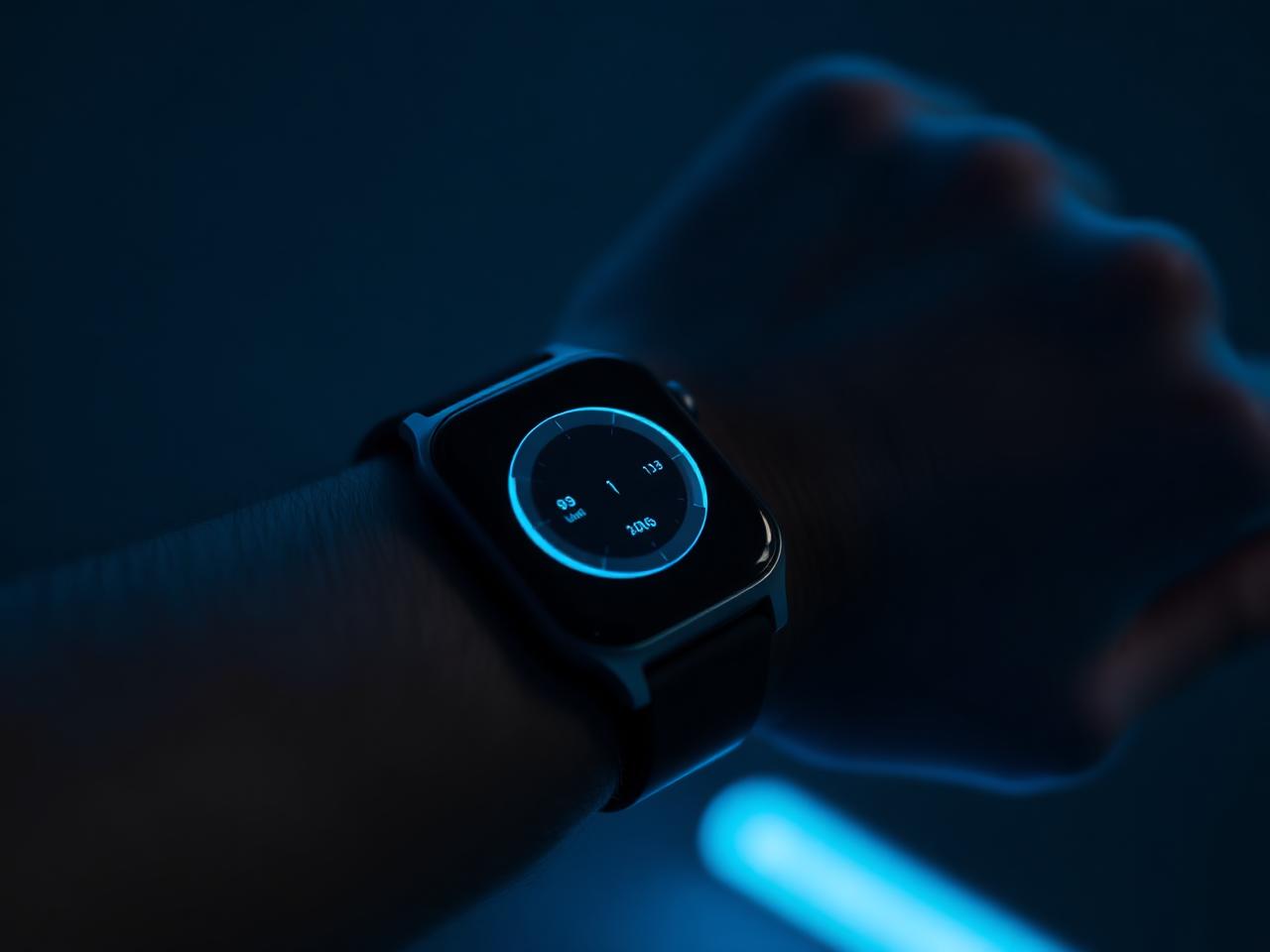 Smartwatch with glowing cyan activity rings on an athlete's wrist
