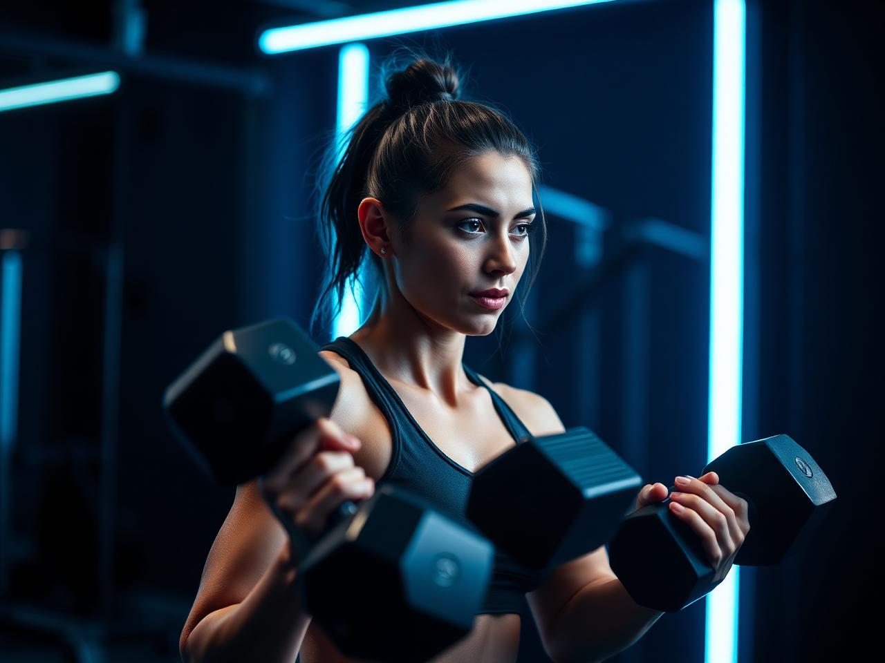 Athlete strength training in a dark gym with cyan lighting